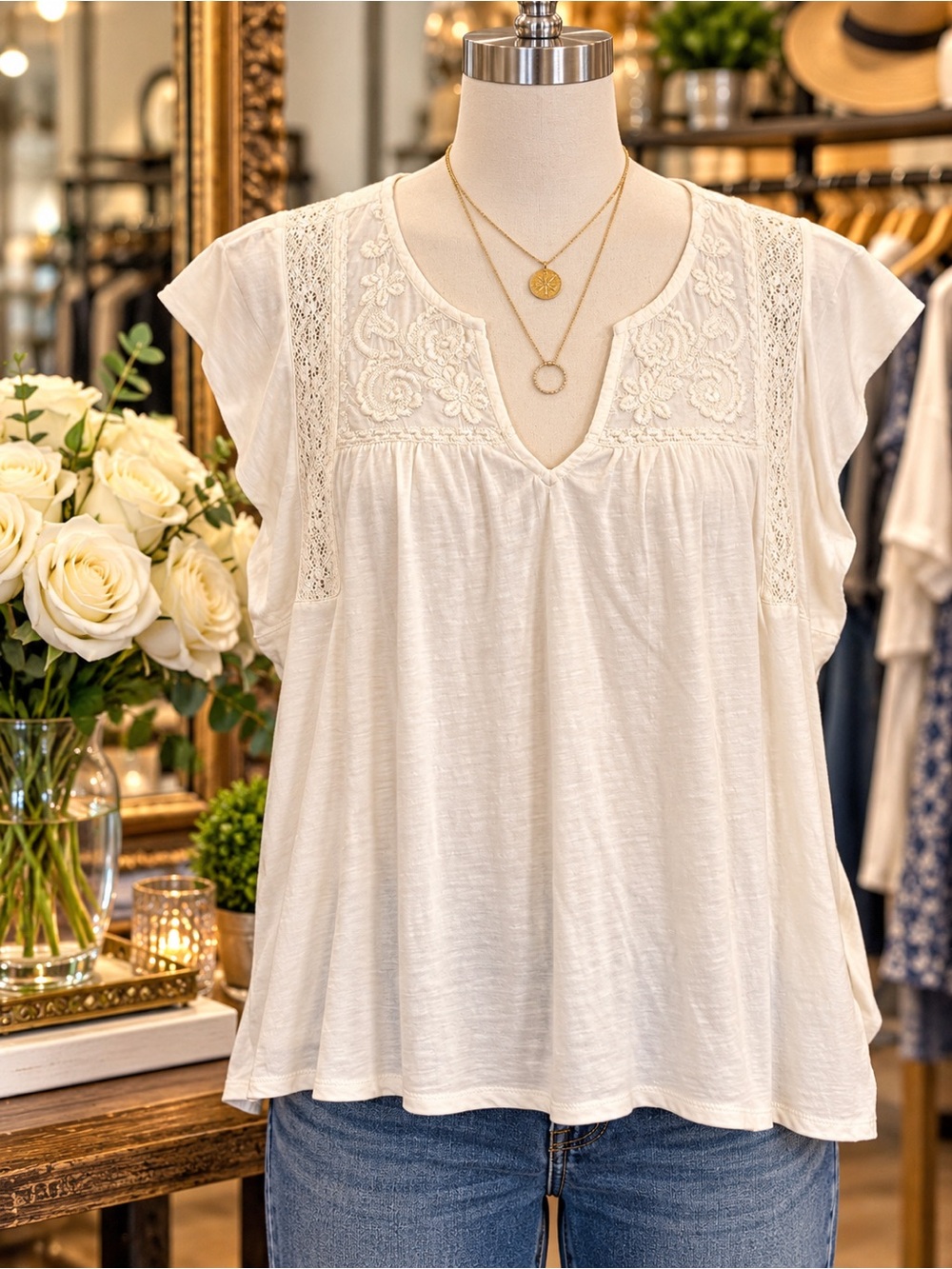 Lucky Brand Cream Embroidered V-Neck Flutter Sleeve Top